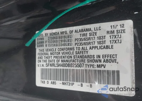 2013 Honda Odyssey Ex z USA, uszkodzony, nr VIN 5FNRL5H40DB025507